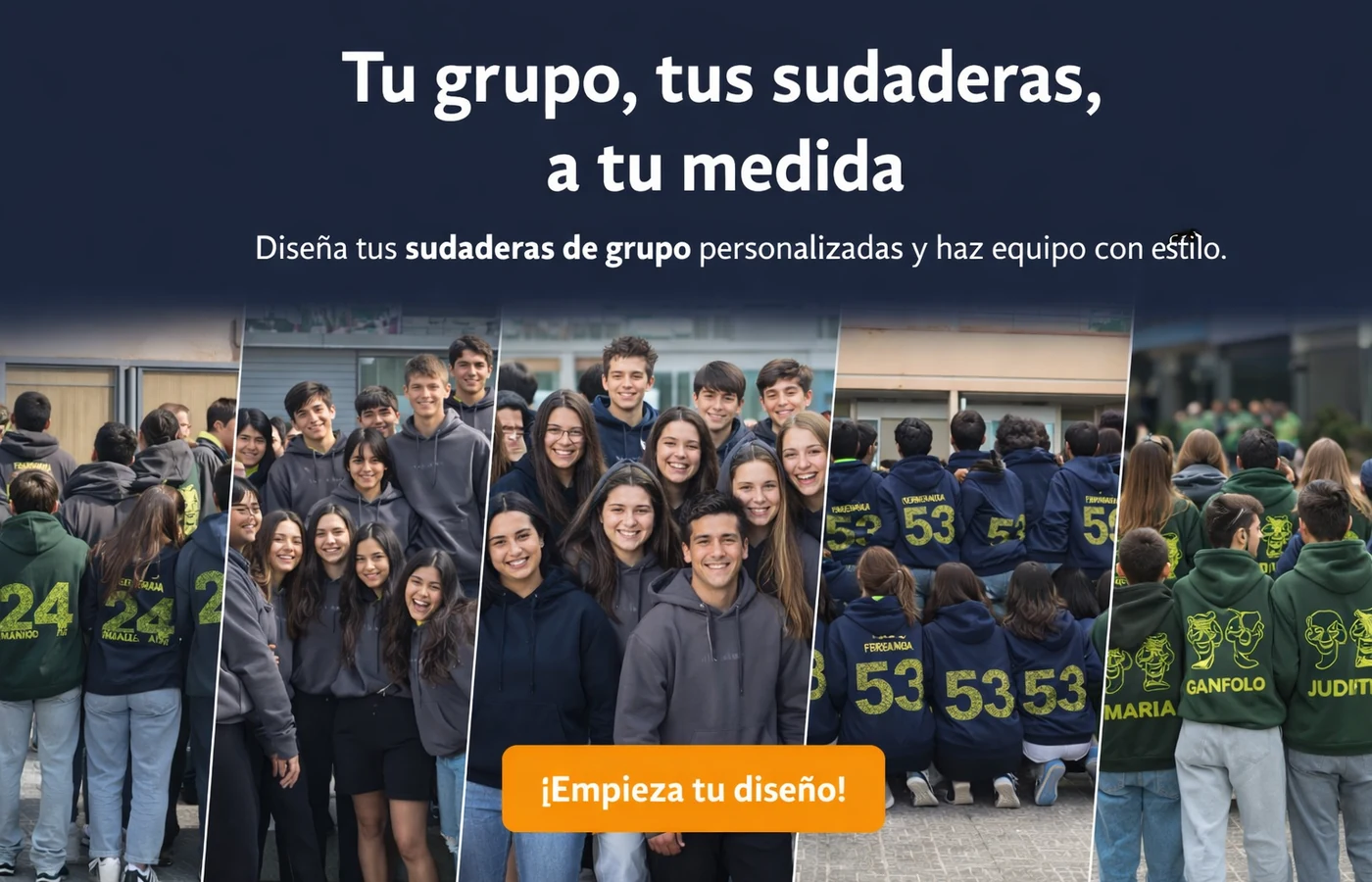 Estudiantes con diferentes diseños de sudaderas personalizadas