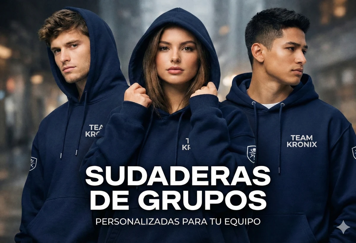 Tres jóvenes con sudaderas azul marino personalizadas Kronix
